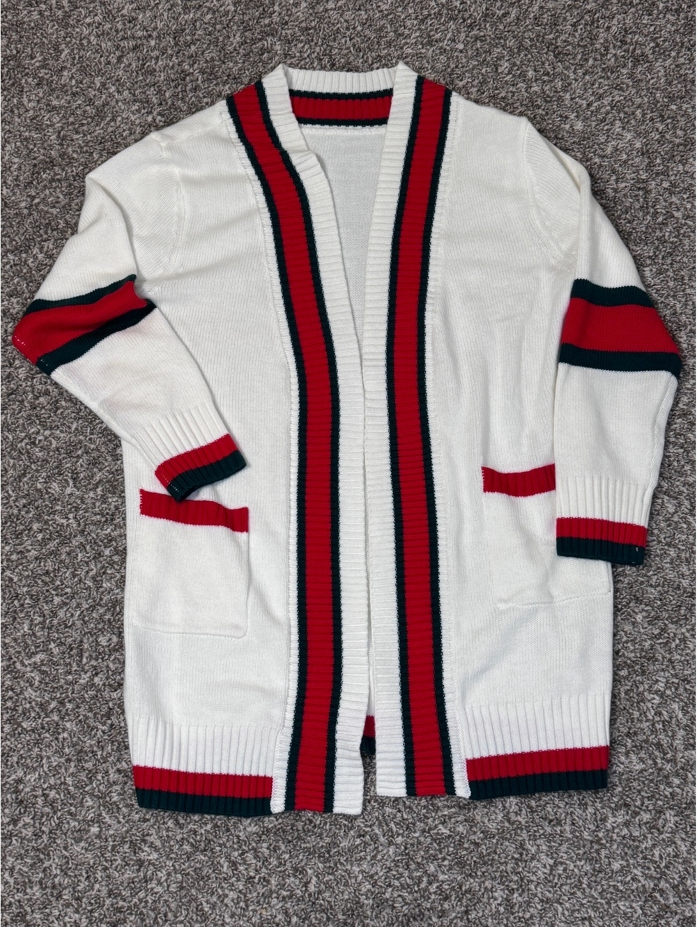“Gucci Color-way” Red, White & Green Striped Knit Cardigan Sweater